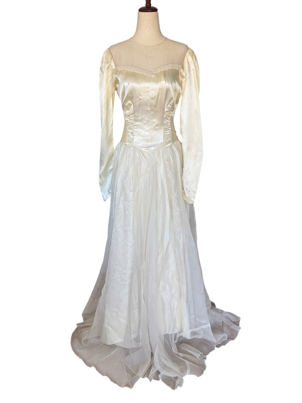 Vintage 30s 40s Ivory Satin Long Sleeve Wedding Dress with Train